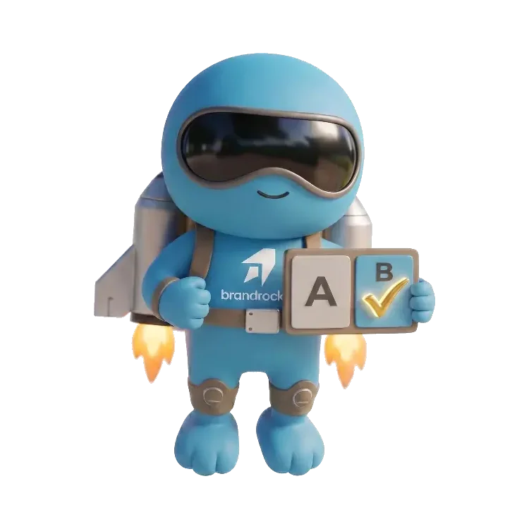 BrandRocket mascot holding an A/B test board with the winner marked
