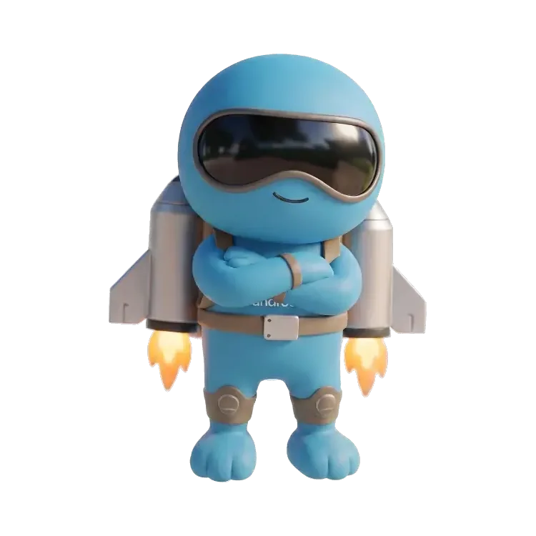 BrandRocket mascot standing confidently with arms crossed