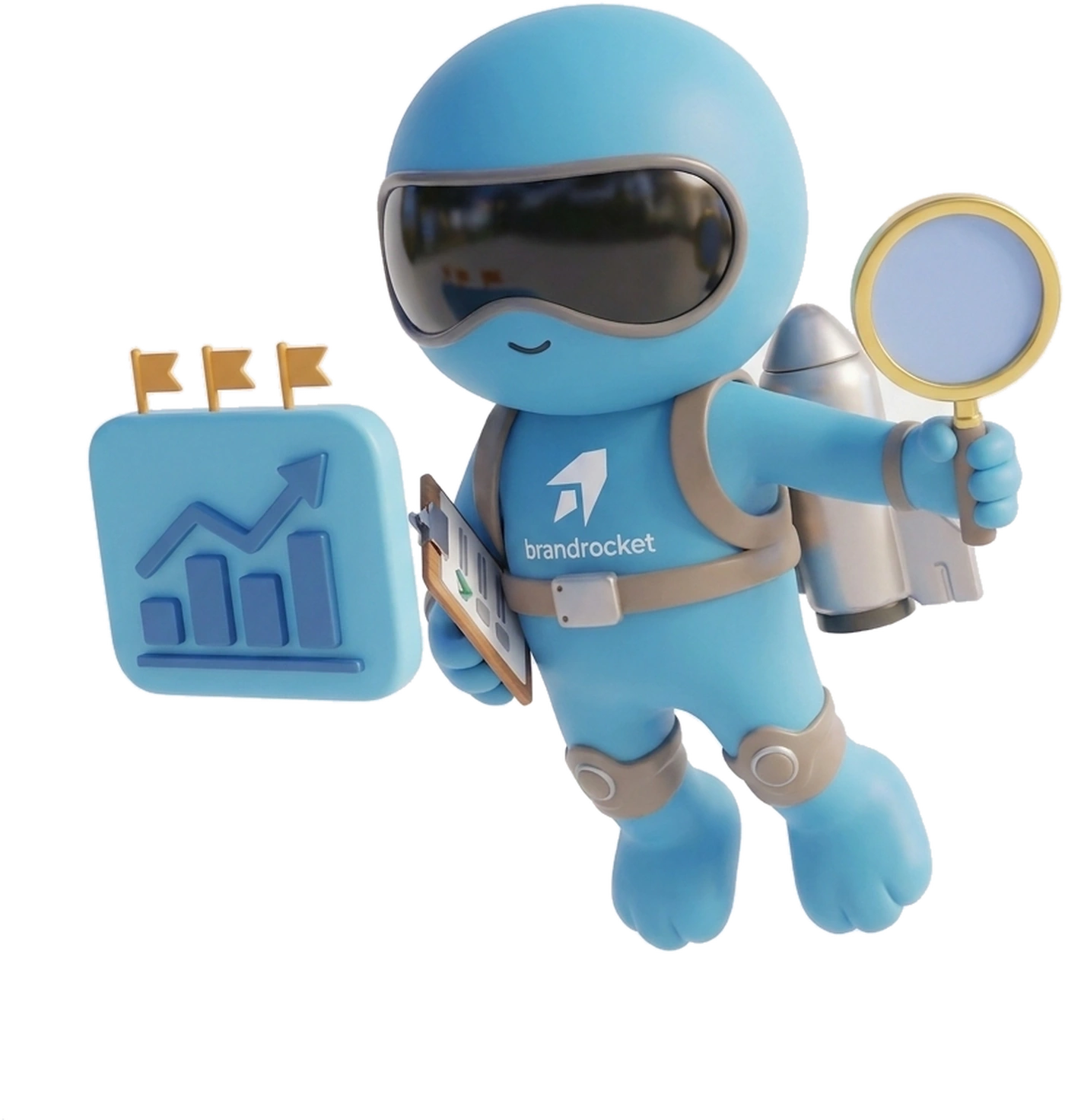 BrandRocket mascot auditing a Google Ads dashboard with a magnifying glass