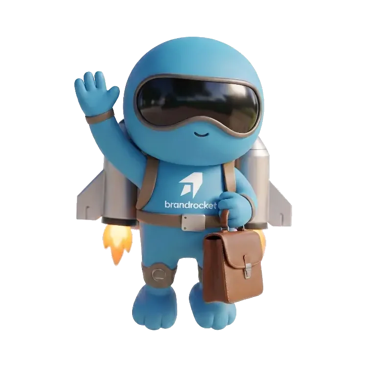 BrandRocket mascot waving, carrying a briefcase