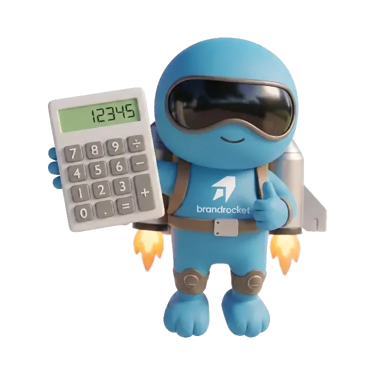 BrandRocket mascot holding up a calculator
