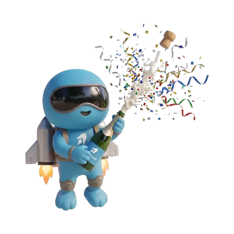 BrandRocket mascot popping a bottle of champagne with confetti
