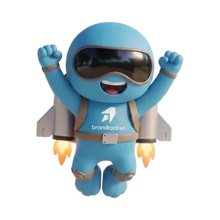 BrandRocket mascot cheering with both fists raised