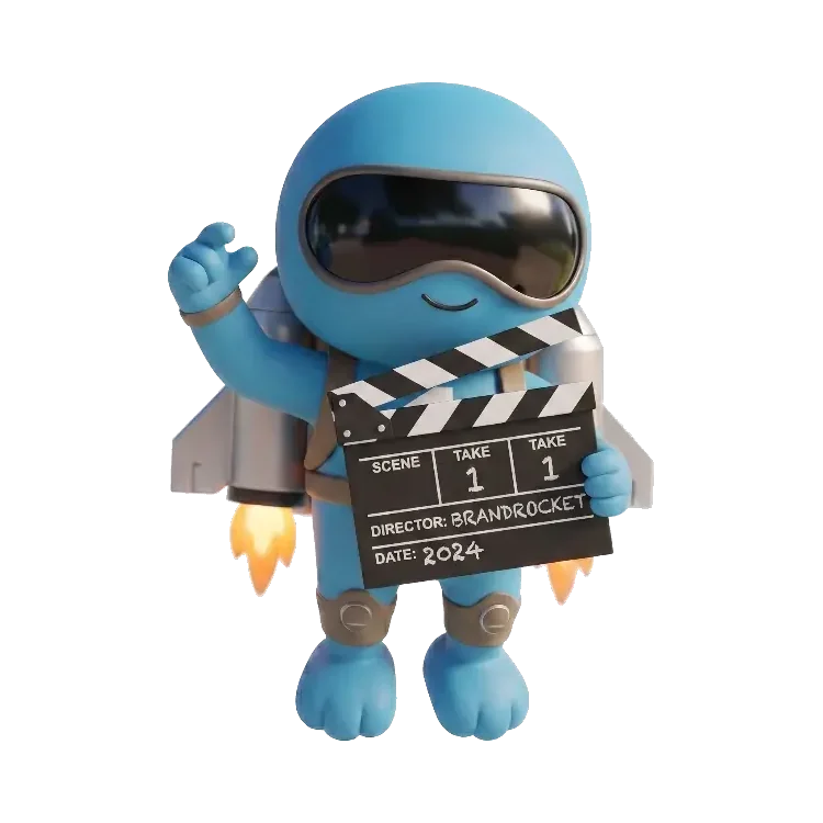 BrandRocket mascot holding a film clapperboard
