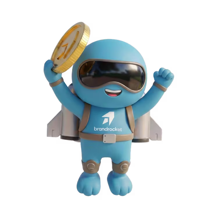 BrandRocket mascot holding a gold coin overhead