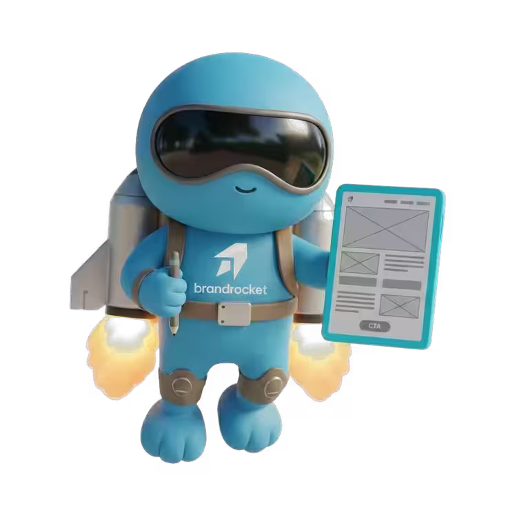 BrandRocket mascot holding a landing-page wireframe