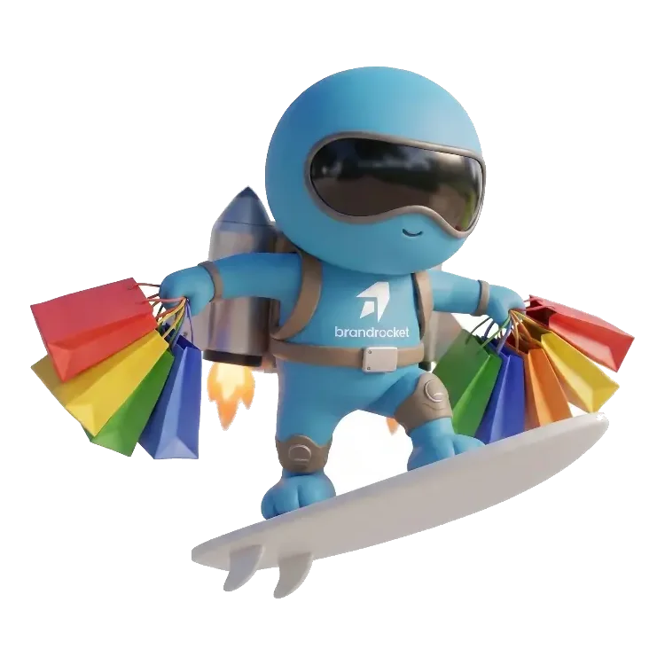 BrandRocket mascot surfing while carrying a shopping bag