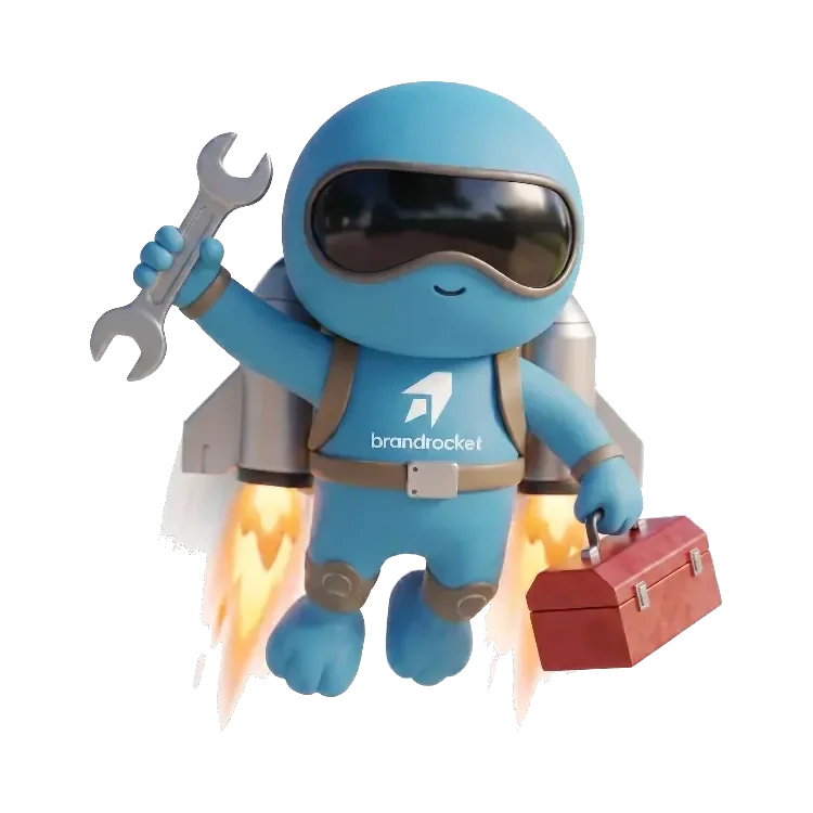 BrandRocket mascot flying with a wrench and a toolbox