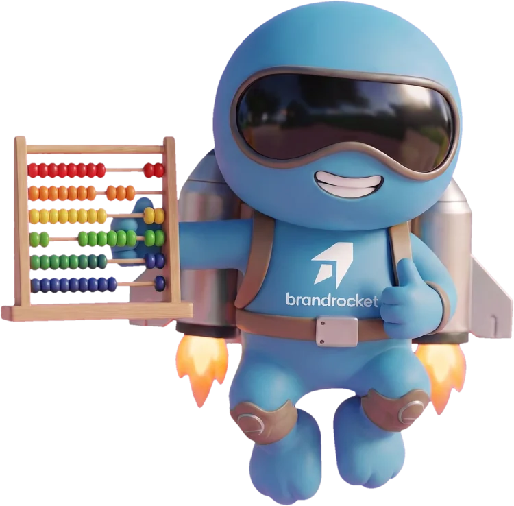 Boost, the BrandRocket astronaut, hovering with a colorful abacus and giving a thumbs-up