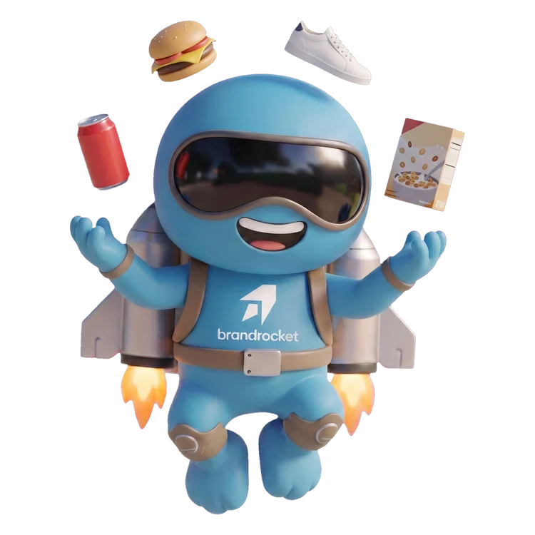 Boost, the BrandRocket astronaut, juggling a soda can, a burger, a sneaker and a cereal box